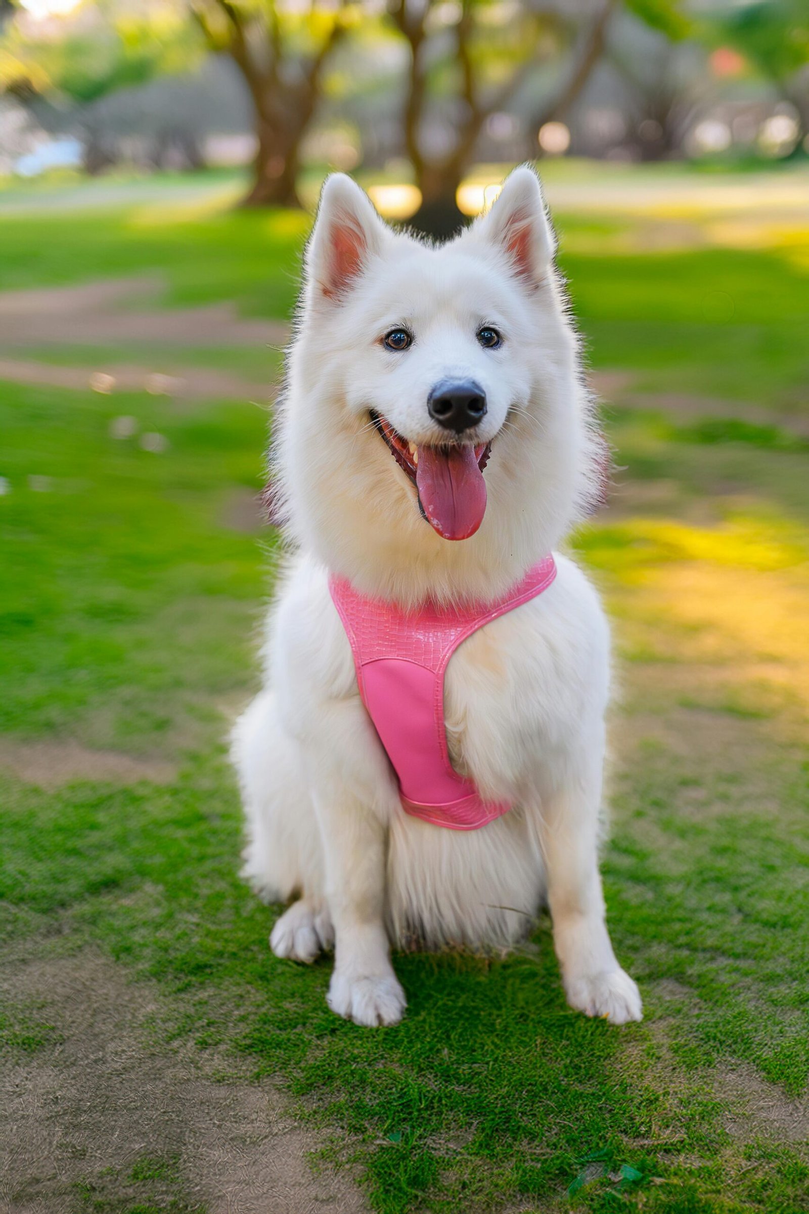 Cute white dog in pink harness enjoying a sunny day outdoors in a park in Peru.
